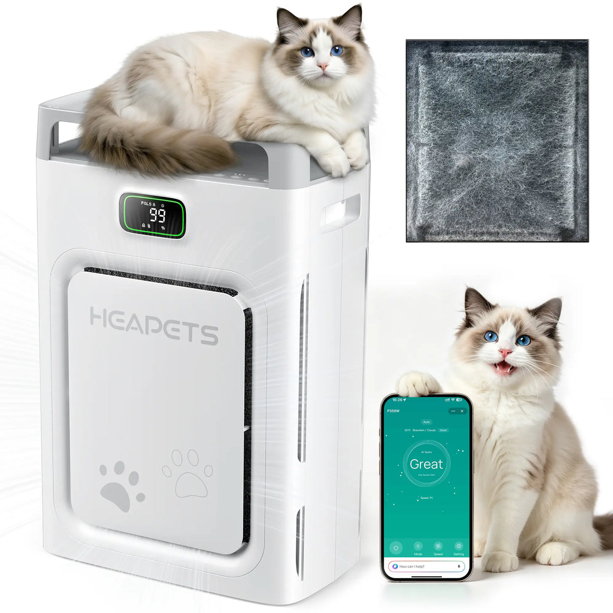 Pet Air Purifier with H13 HEPA Filter, Large Room Air Cleaner for Pet Hair, Dander & Odors